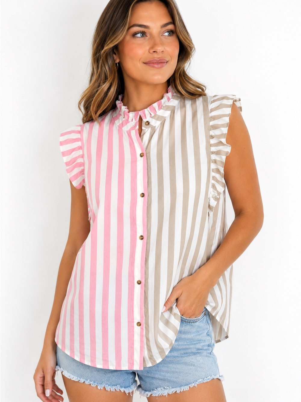 Pink Taupe Stripe Ruffle Sleeve Button Front Cotton Blouse Medium
