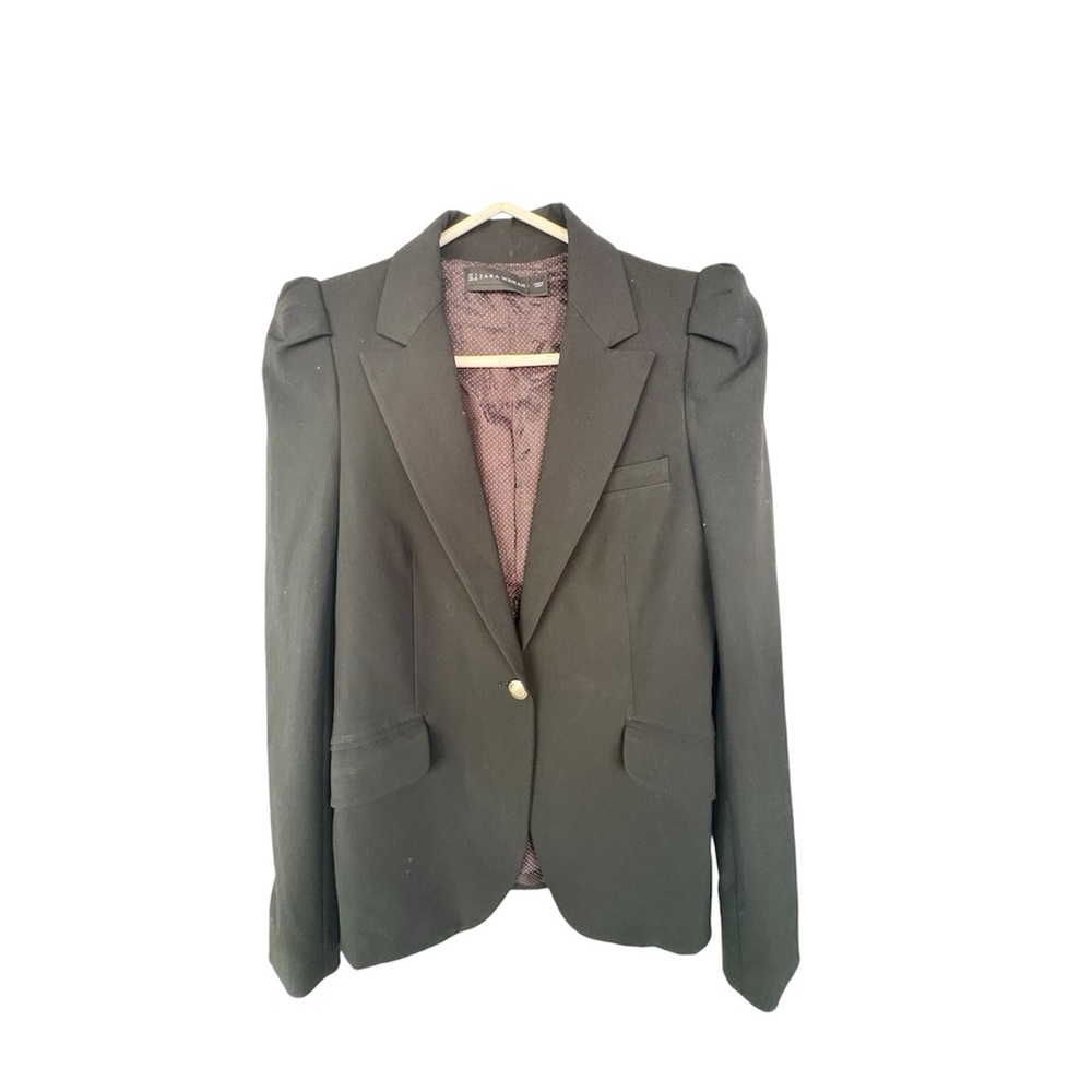 Zara Black Women's Single-Button Blazer with Slight Puff Shoulder