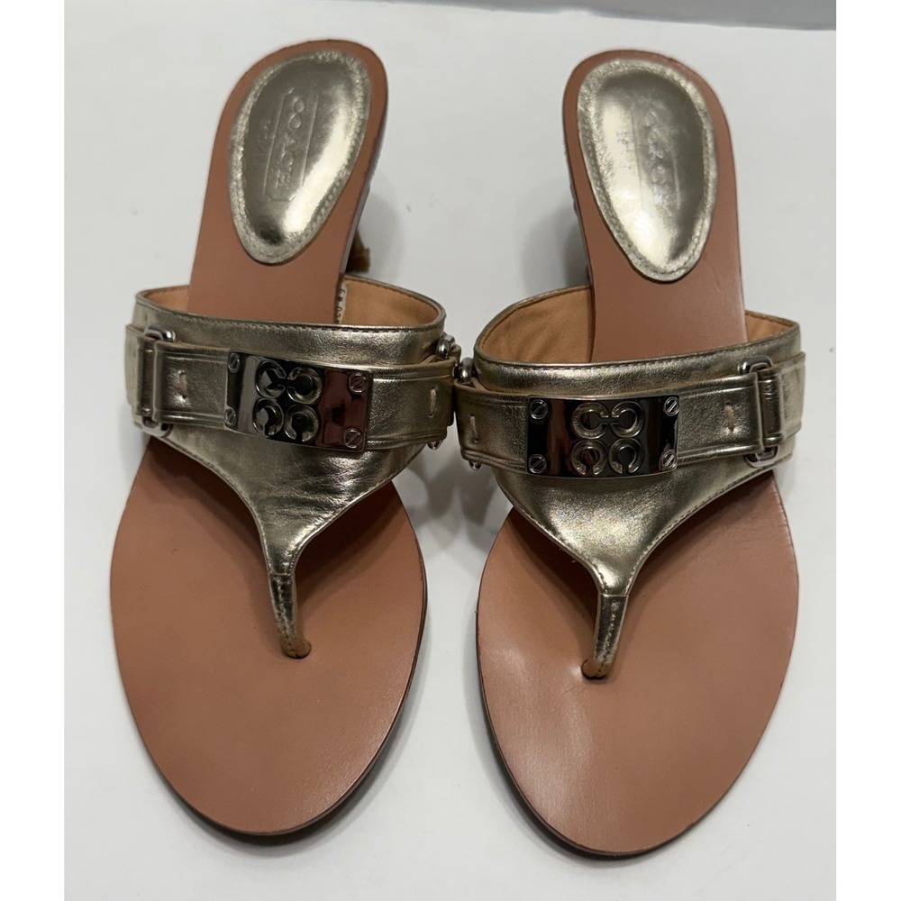 Coach Alberta‎ Gold Metallic Leather Kitten Heel Thong Sandals Womens 6B