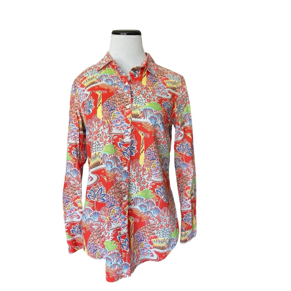 J. McLaughlin Womens Lois Shirt Size S Red Paradise Tropical‎ Ornate Birds Artsy