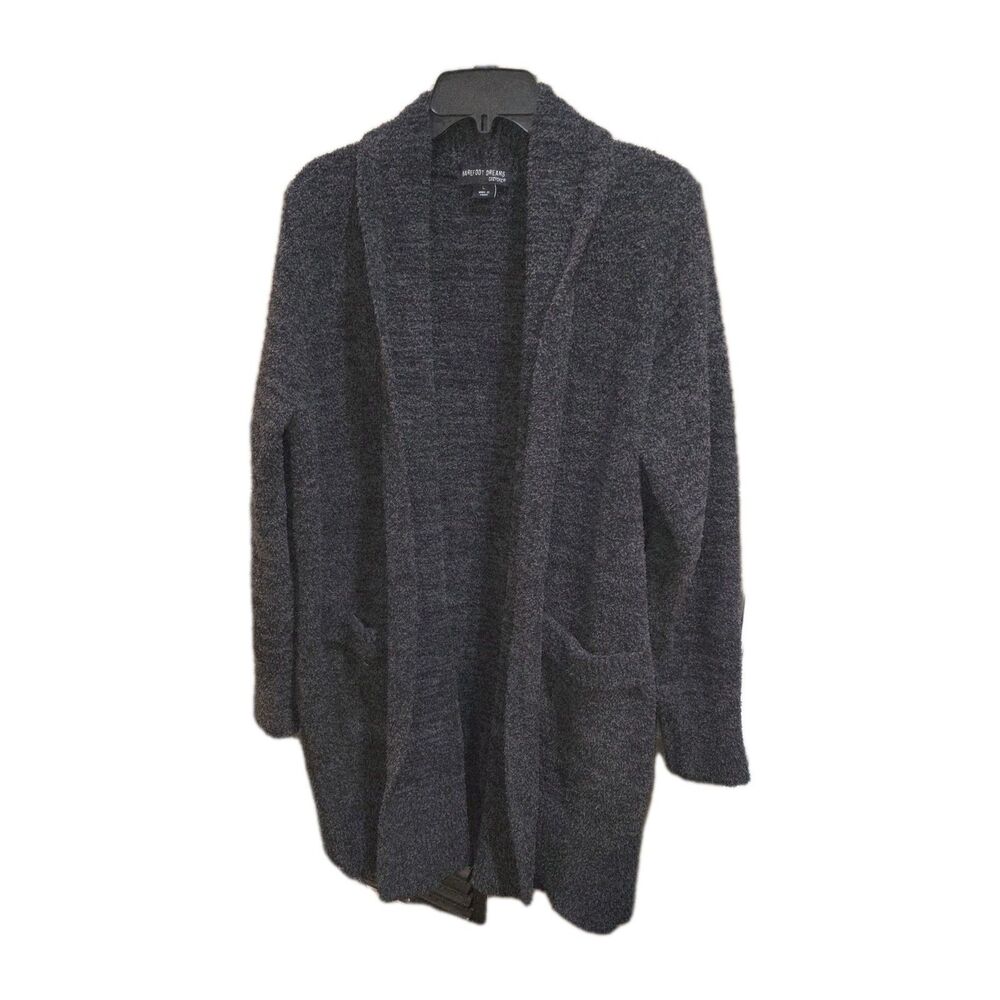 BAREFOOT DREAMS Sz L Cozy Chic Knit Open Front Black Gray Long L/S Boho Cardigan