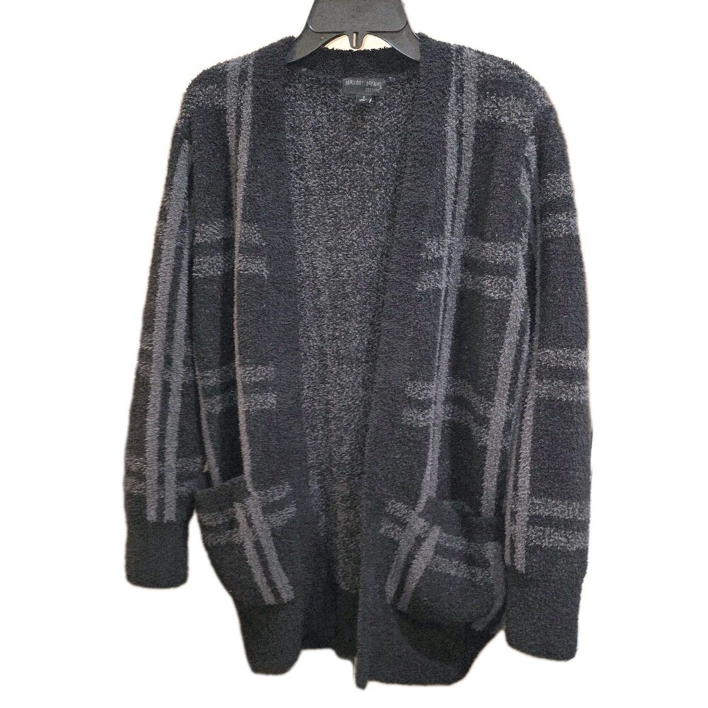 BAREFOOT DREAMS Sz S Cozy Chic Knit Open Front Black Plaid Boho Cardigan Sweater