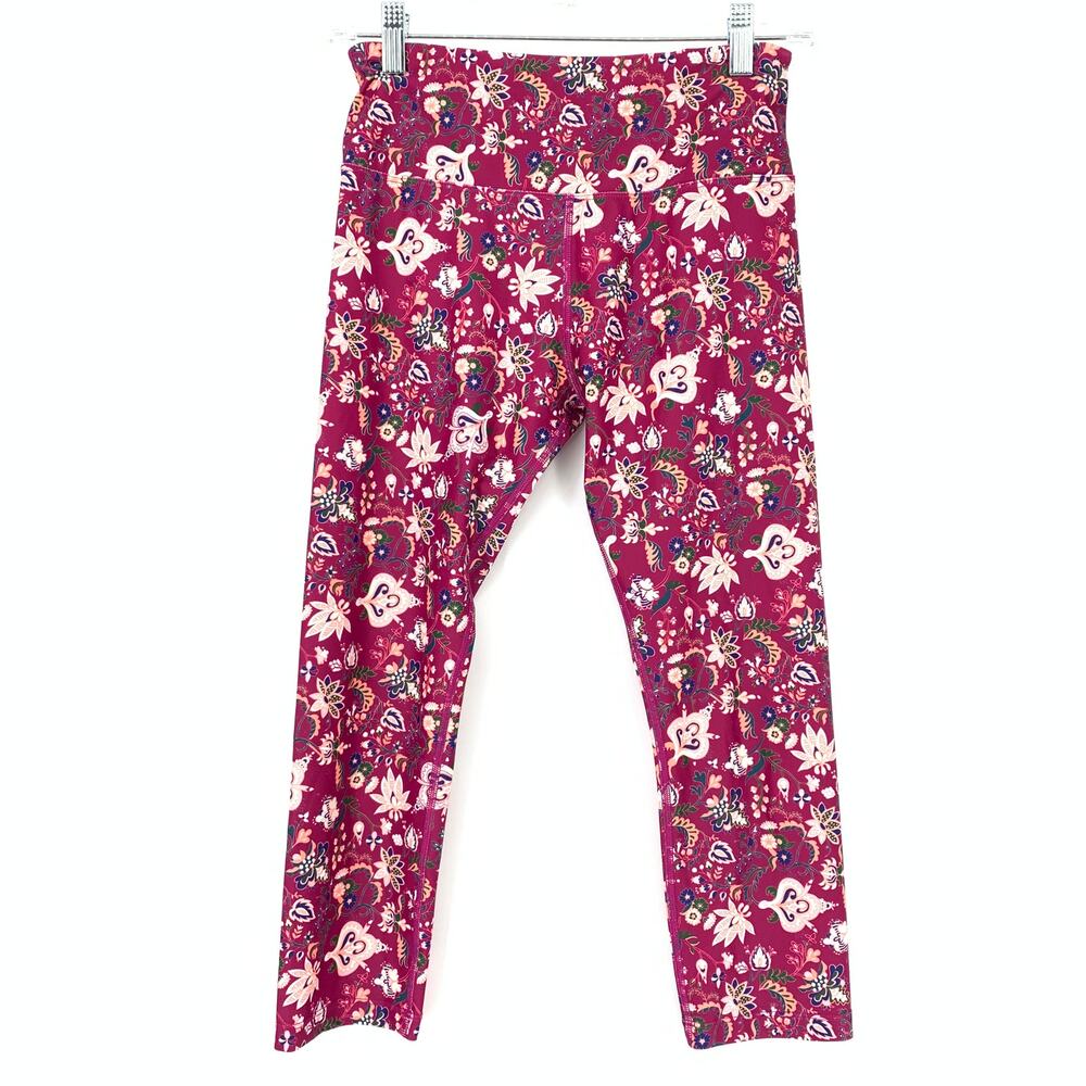 Uniquely Lorna Jane Women's Size S Floral Mid Rise Crop Leggings Stretch Pink