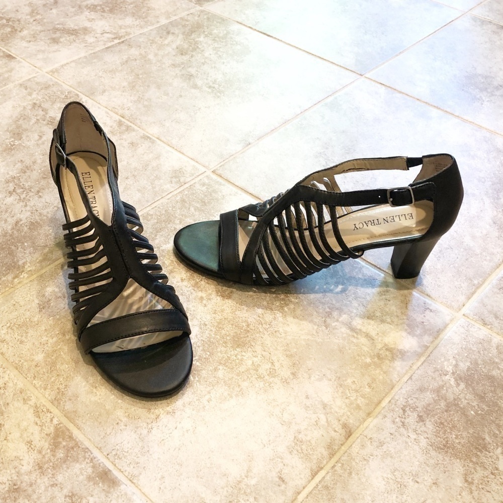 Ellen Tracy Miles leather open toe heels s…
