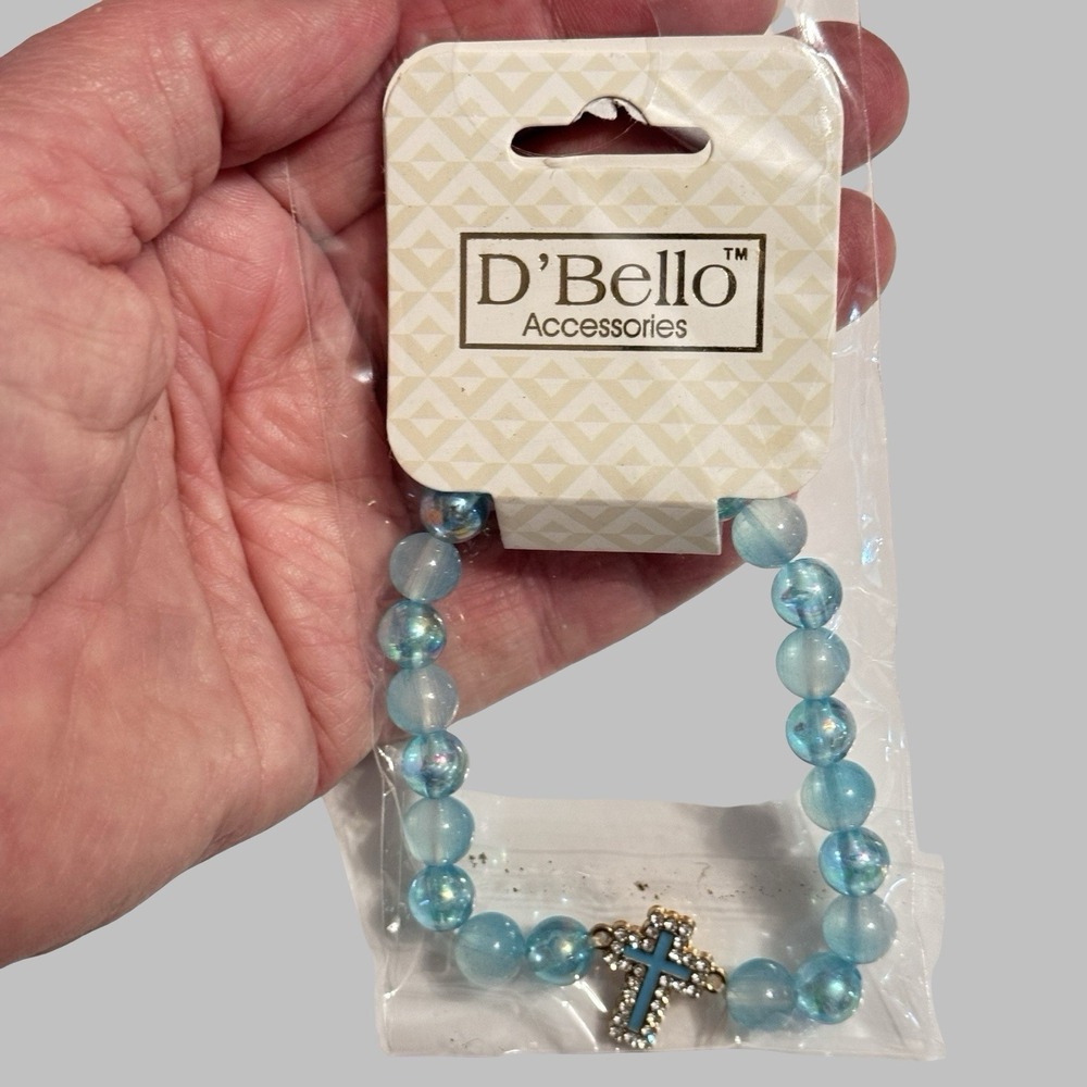 D'Bello Blue Beaded Stretch Charm Bracelet Cross Womens Fashion Jewelry NEW - Picture 6 of 9