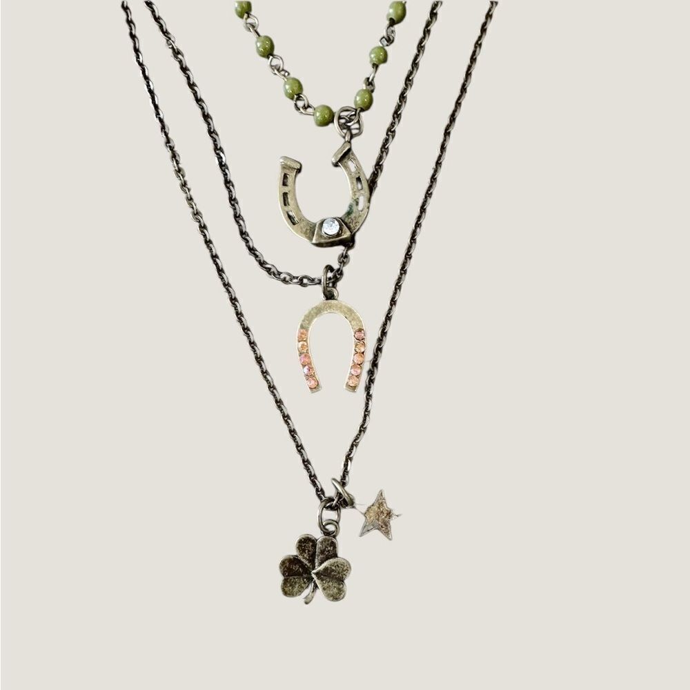 Horseshoe and Clover Multi-Charm Bronze Necklace