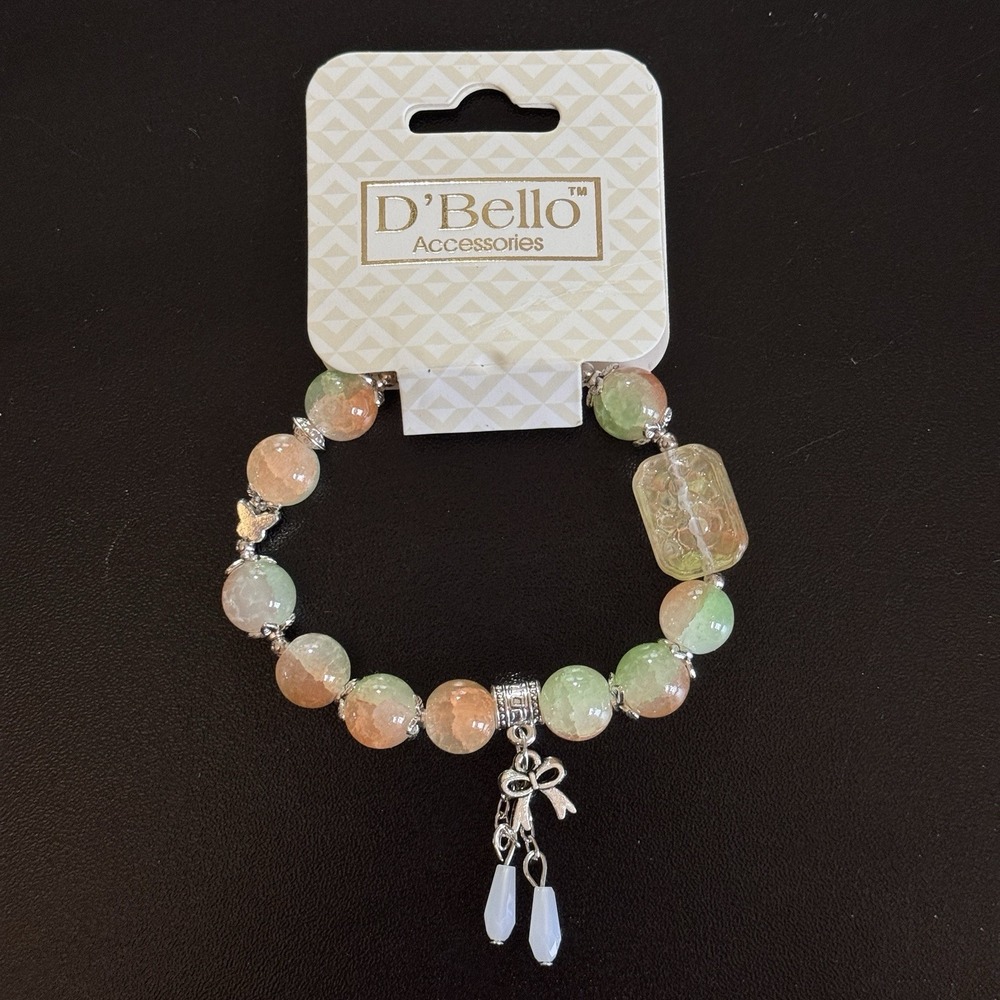 D'Bello Orange Green Beaded Stretch‎ Charm Bracelet Silver Womens Jewelry NEW