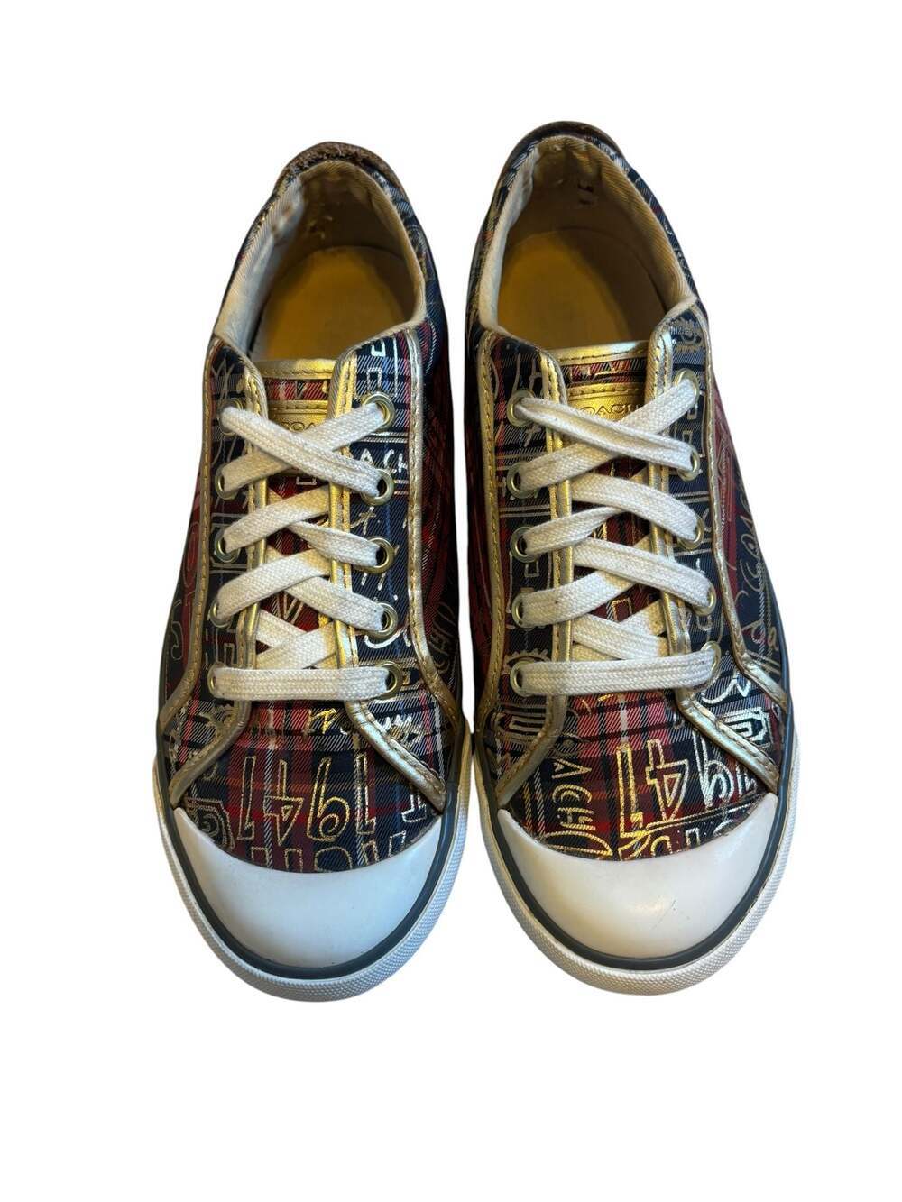 Coach Barrett Tartan Plaid Metallic Gold Graffiti Lace-up Sneakers Size 8B
