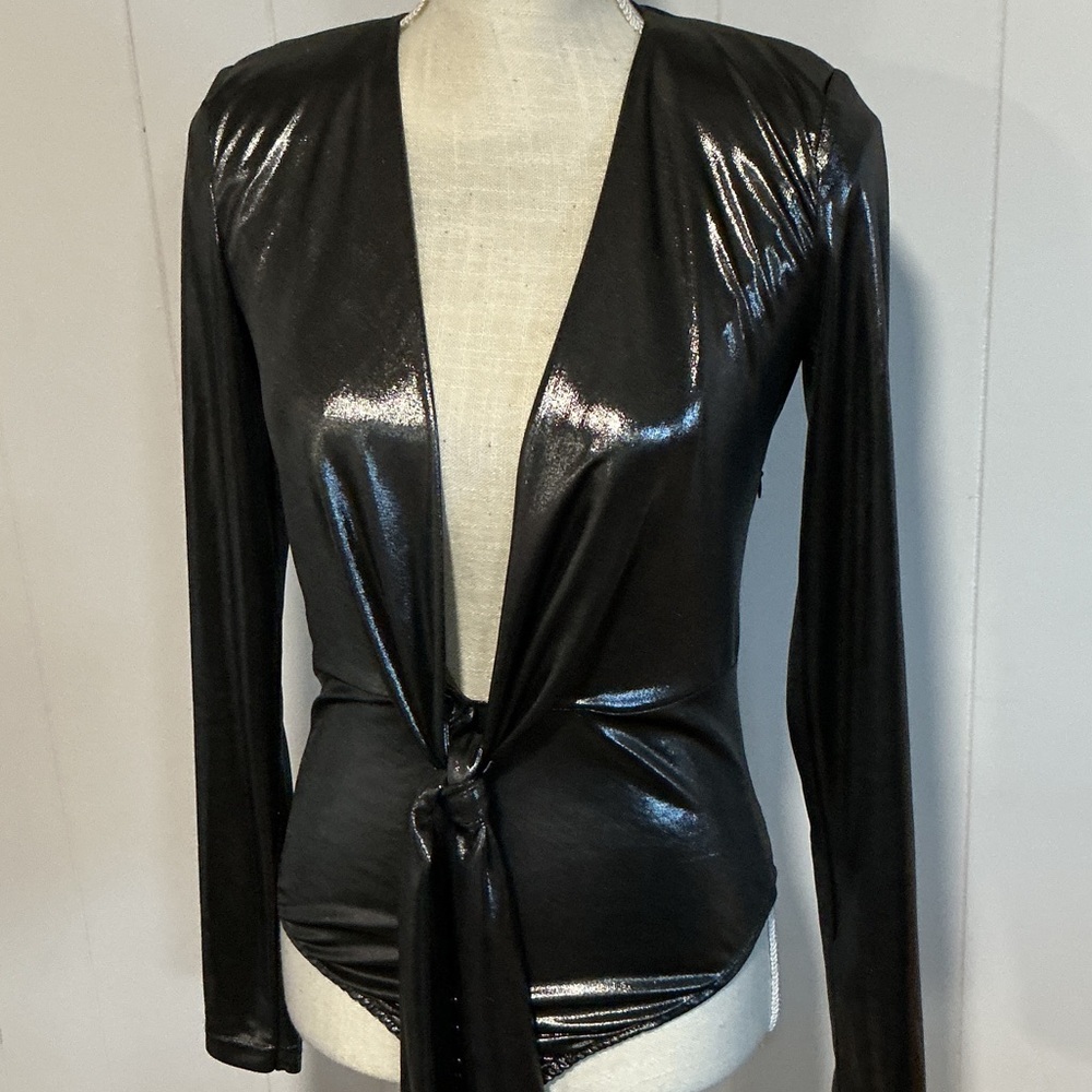 Zara Black Shiny Long Sleeve Tie-Front Bodysuit - Picture 2 of 6