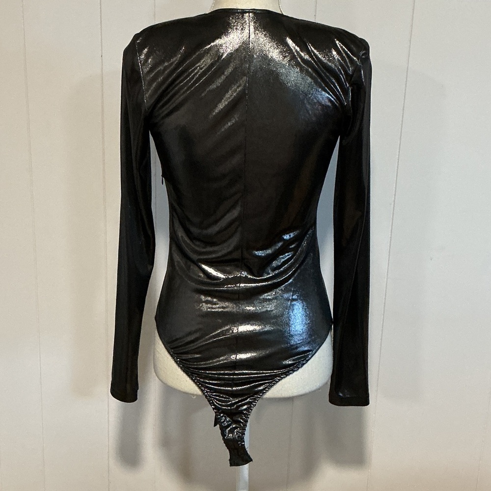 Zara Black Shiny Long Sleeve Tie-Front Bodysuit - Picture 3 of 6