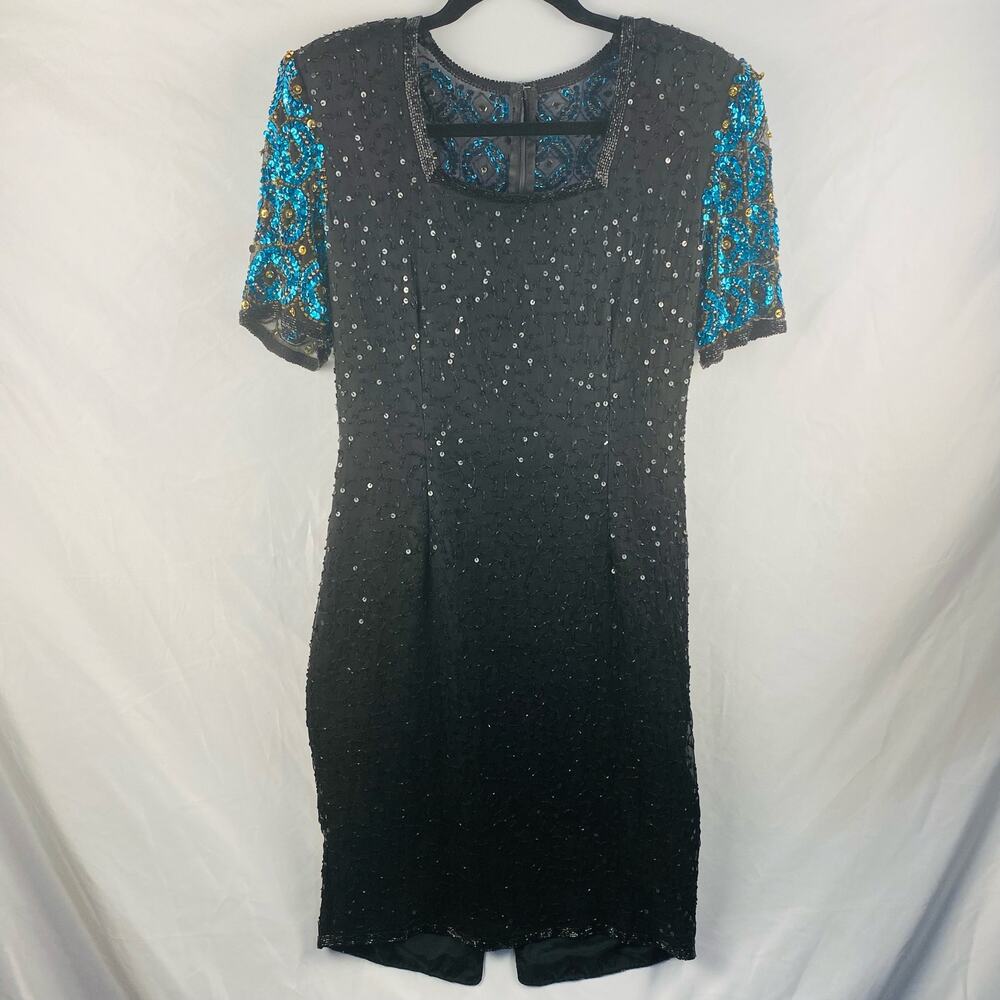 Vintage Stenay Silk Sequin Black Blue Cocktail Holiday Party Dress Size 4
