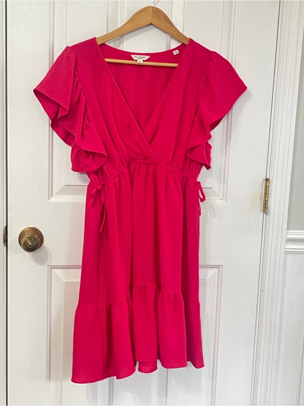 Max Studio Medium Red Pink Ruffle Cinch Waist Mini Dress
