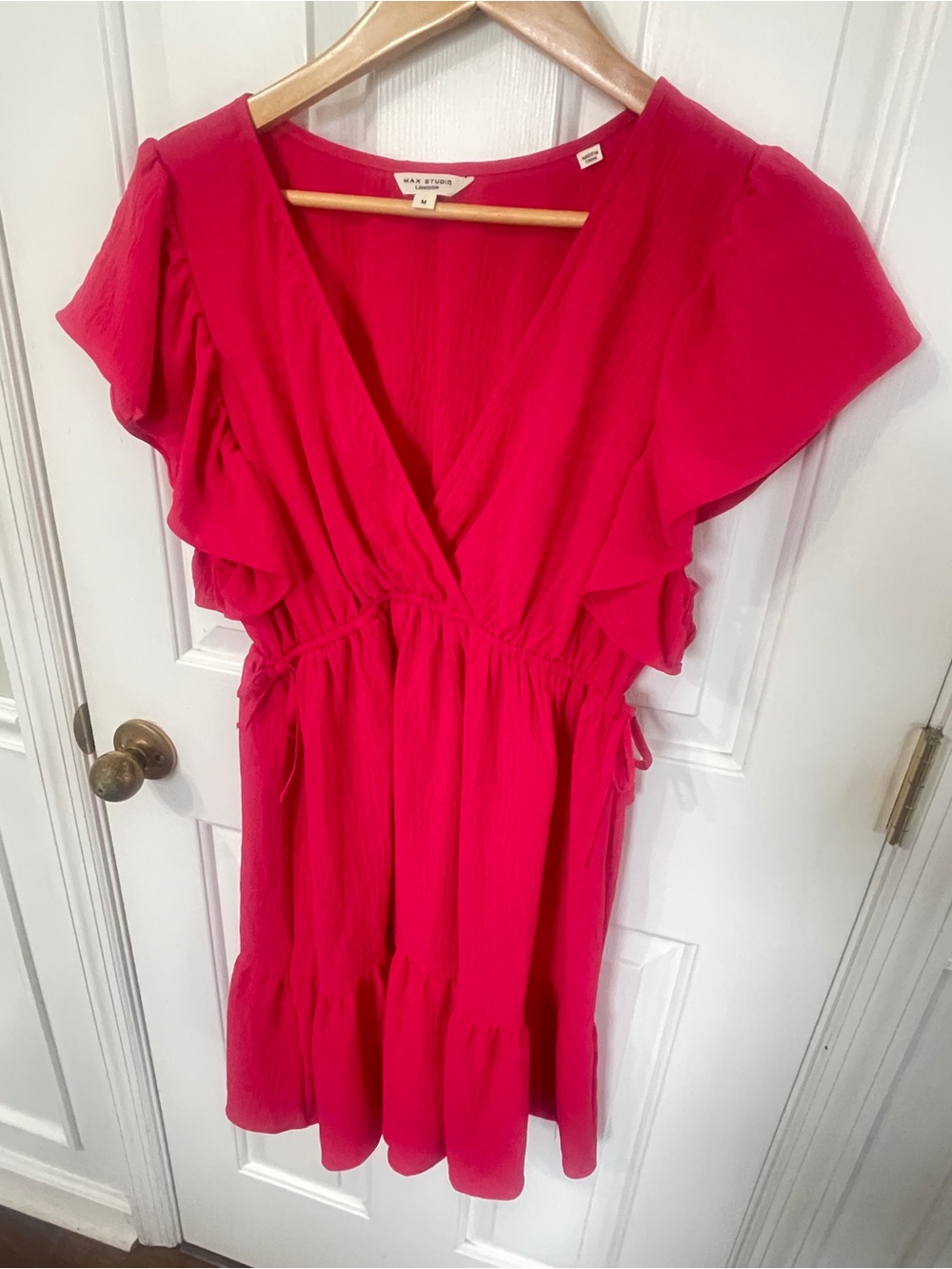 Max Studio Medium Red Pink Ruffle Cinch Waist Mini Dress - Picture 2 of 6