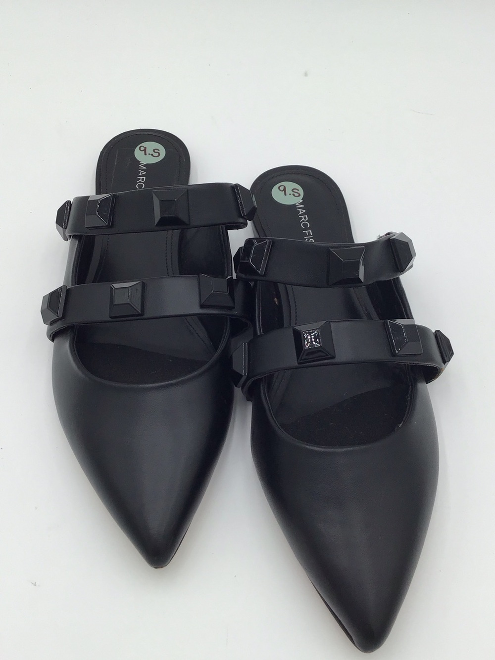 Marc Fisher Searli Classic Pointed Toe Black Studded Straps Mule Slide Flats 9.5