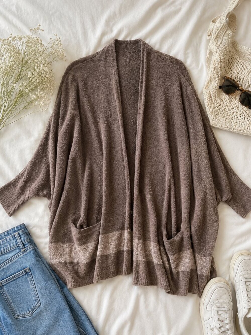 Barefoot Dreams CozyChic Lite Cardigan Taupe Open Front Cocoon Wrap Soft Lounge
