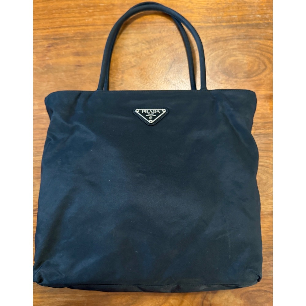 Prada Tessuto Nylon Tote Bag Black Triangle Logo Vintage Zip Top Shoulder Bag