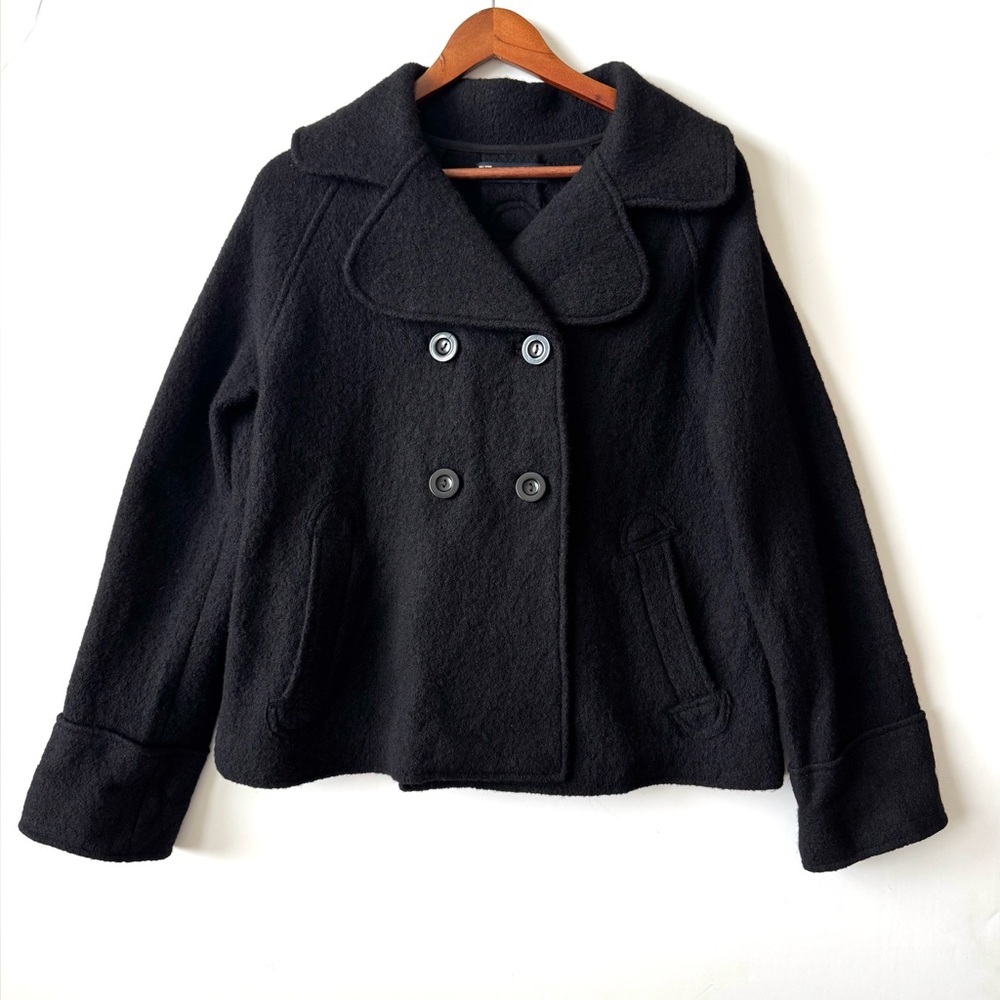 Zara Black Boiled Wool Double Breasted Pea Coat