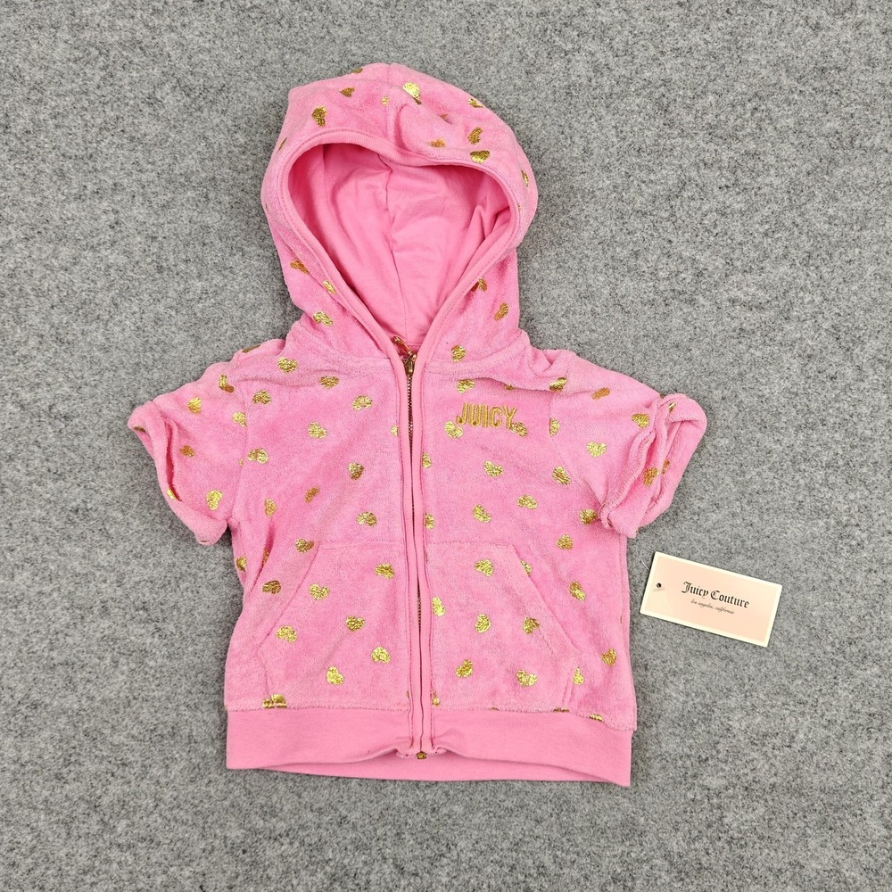 Juicy Couture Hoodie Girls 3T Pink Velour Short Sleeve Full Zip Sequin Hearts