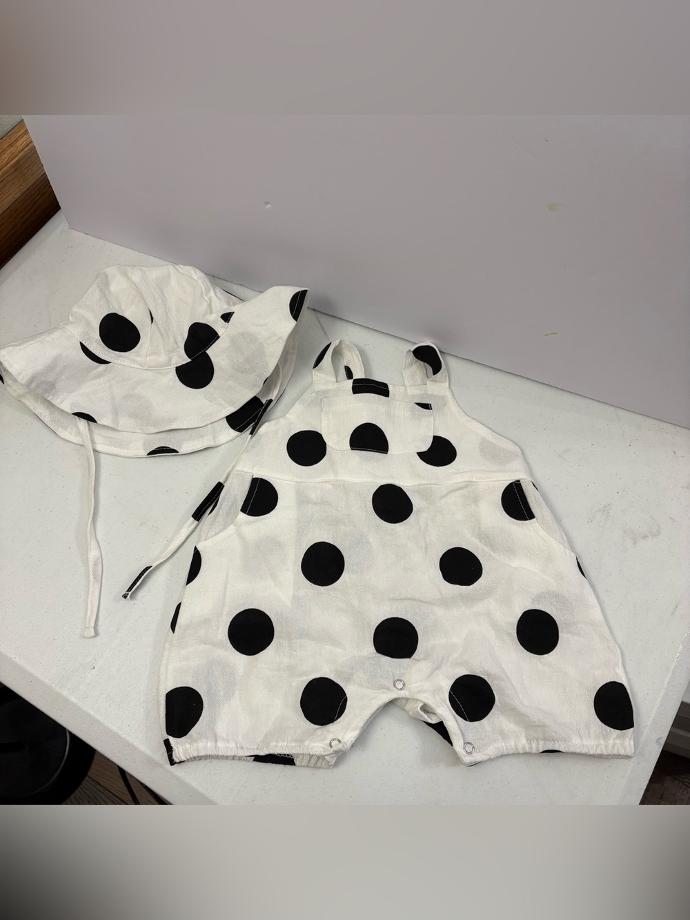 Black white polkadot infant romper sun hat 9-12 months cow print summer