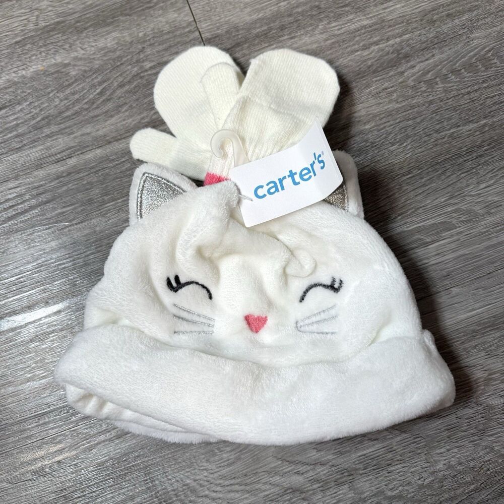 Carters Kitty Cat Baby Beanie Hat And Gloves 0-9 Months White Animal Unisex Cute
