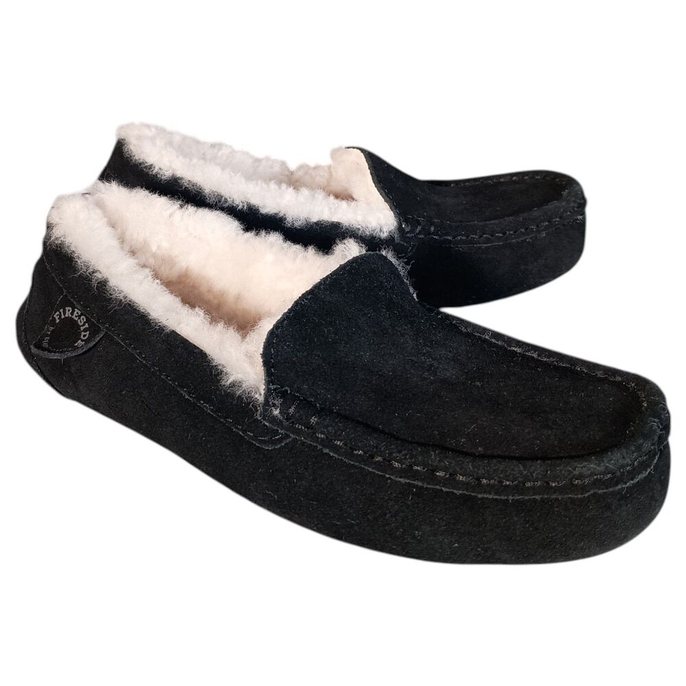 Fireside By Dearfoams Women's 6 Mel Genuine Shearling Moccasin Slipper Black