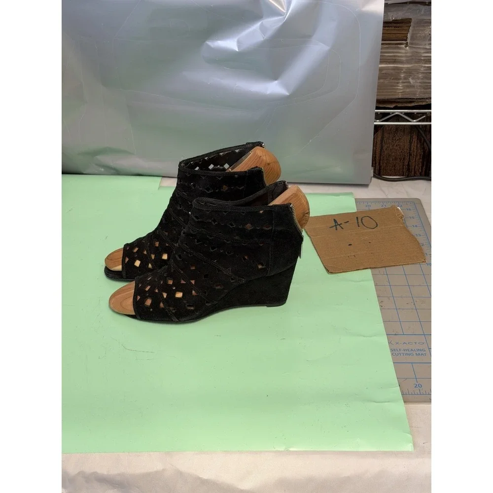Michael Kors Black Suede Peep-Toe Wedge Booties Cut-Out Detail Women's Shoes - Picture 1 of 8