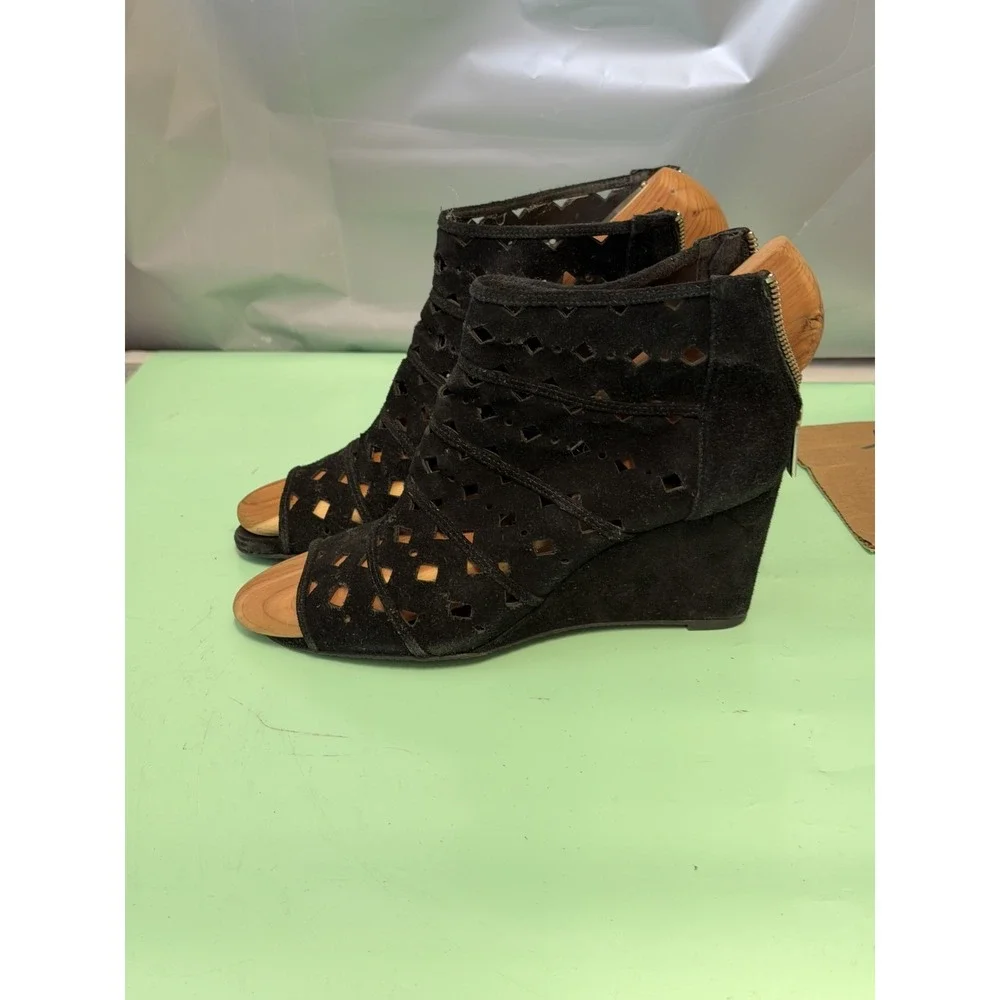 Michael Kors Black Suede Peep-Toe Wedge Booties Cut-Out Detail Women's Shoes - Picture 2 of 8