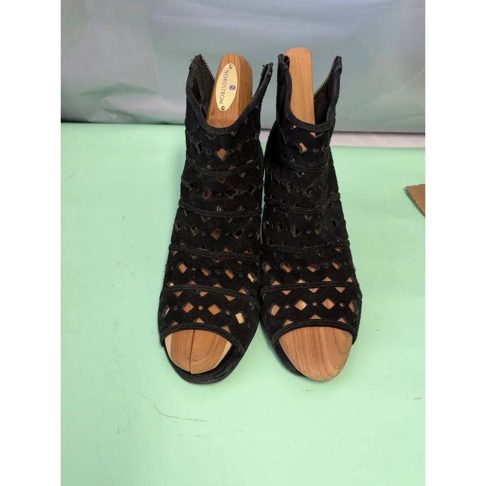 Michael Kors Black Suede Peep-Toe Wedge Booties Cut-Out Detail Women's Shoes - Picture 3 of 8