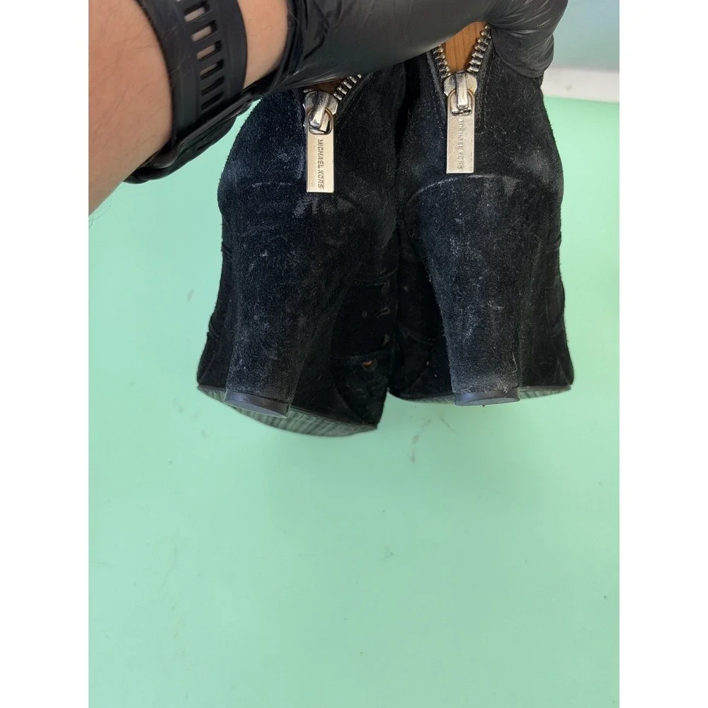 Michael Kors Black Suede Peep-Toe Wedge Booties Cut-Out Detail Women's Shoes - Picture 7 of 8