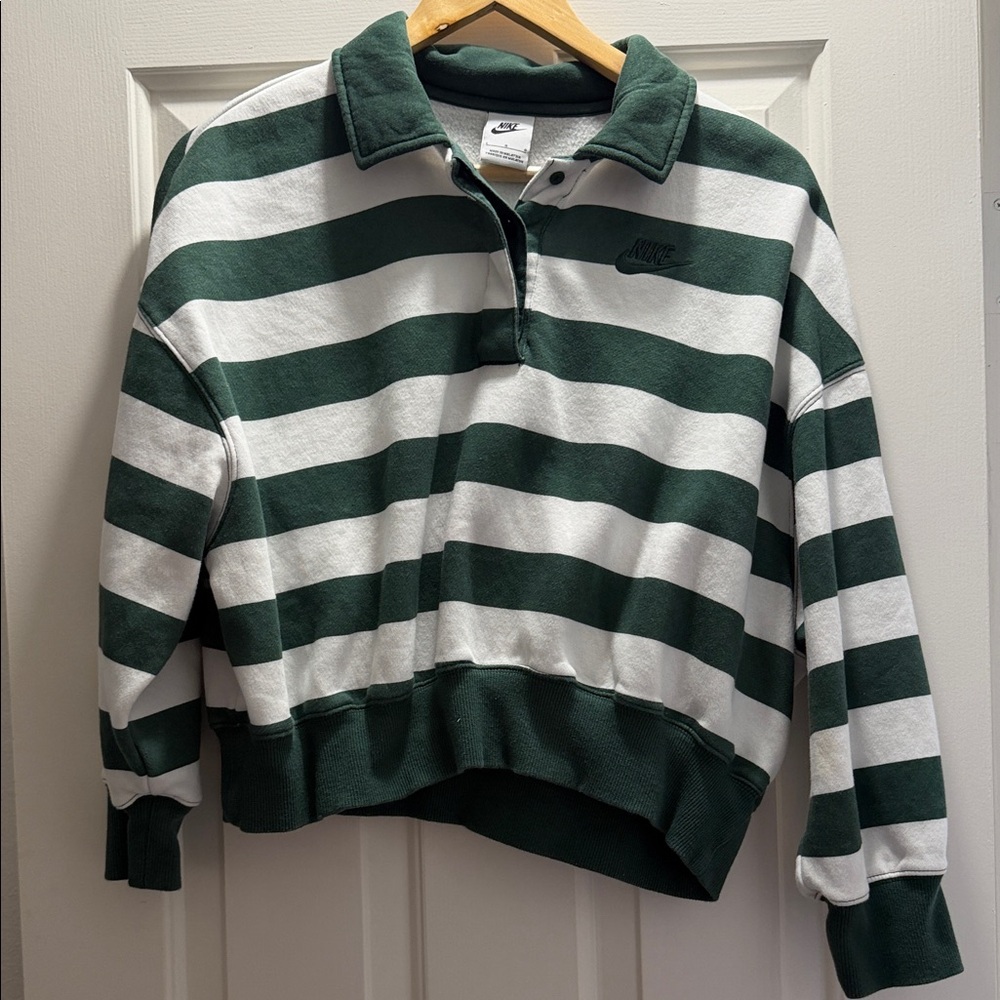 Nike Dark Green & White Striped Rugby Shirt