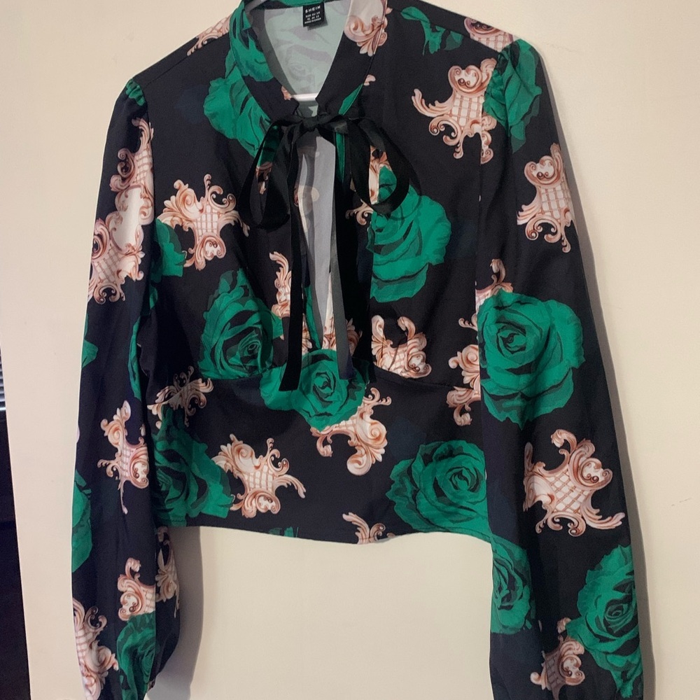SHEIN Black Blouse with Green Rose Print and Cream Accents