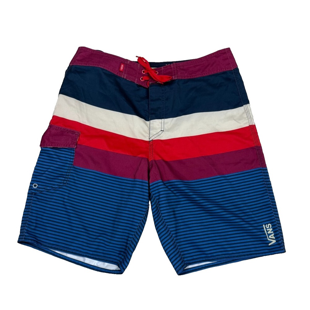 Vans Mens Striped Board Shorts Red White Blue Colorblock Swim Trunks 34 x 10