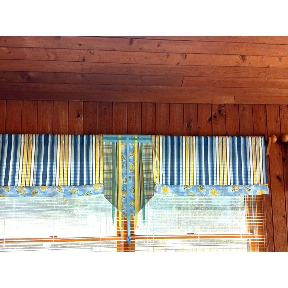 9-Piece Coastal Window Valance Set for Beach Home Striped with Sea Life Print