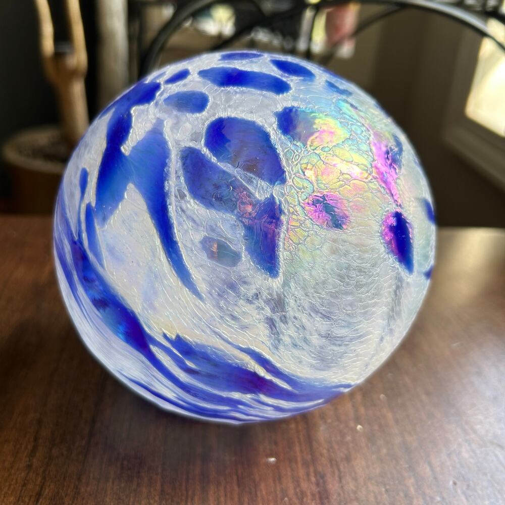 Pyromania Glass Studio Oregon Float Hand Blown Blue White Iridescent Signed 5.5”