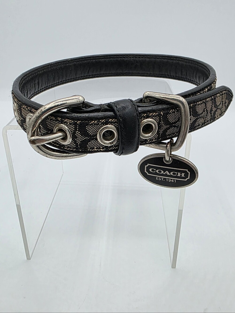 Coach Signature C Dog Collar Black Khaki Jacquard Canvas Leather Trim Medium