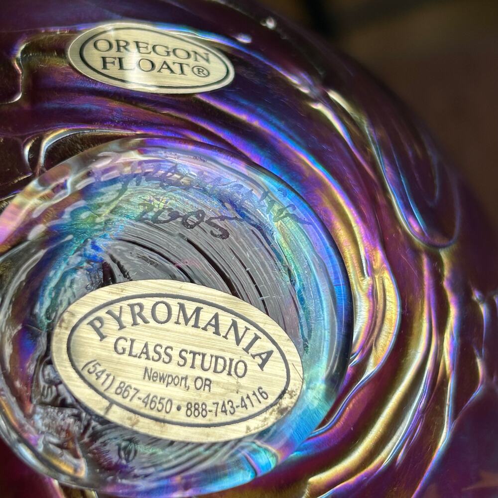 Pyromania Glass Studio Oregon Float Hand Blown Pink Iridescent Signed 5.5” - Picture 8 of 9