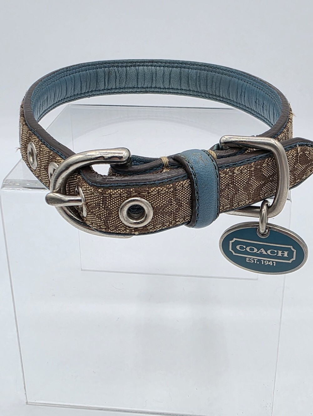 Coach Signature C Dog Collar Medium Brown Khaki Jacquard Blue Leather Trim