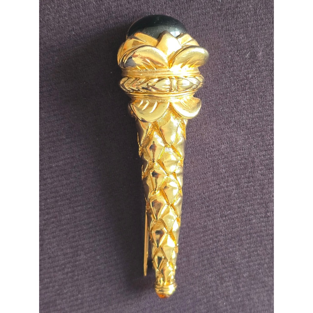 Anne Klein Vintage Gold Tone Black Cabochon Cornucopia Torch Brooch Pin 3 Inch