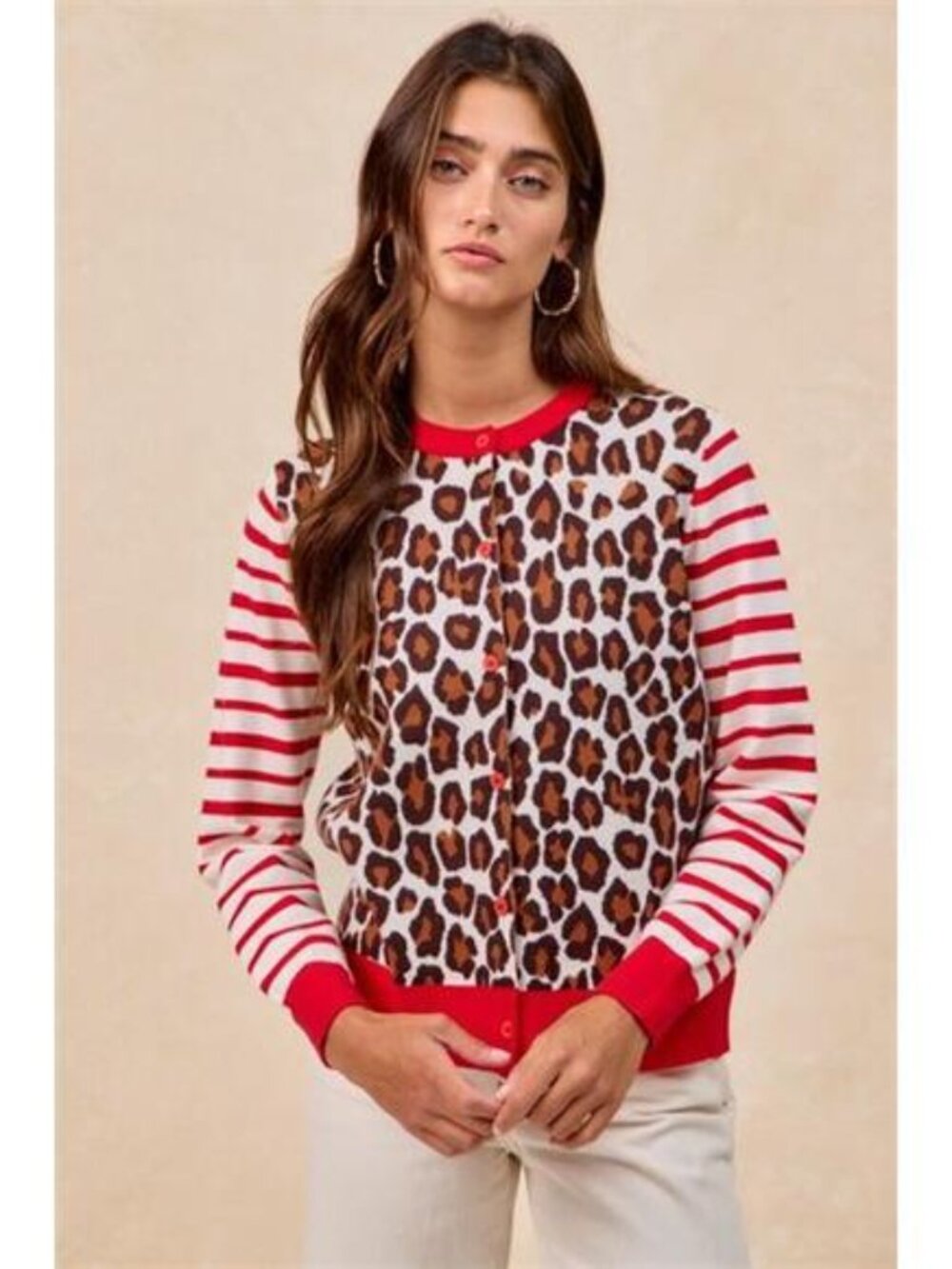 BiBi Leopard With Stripe‎ Combo Buttoned Cardigan