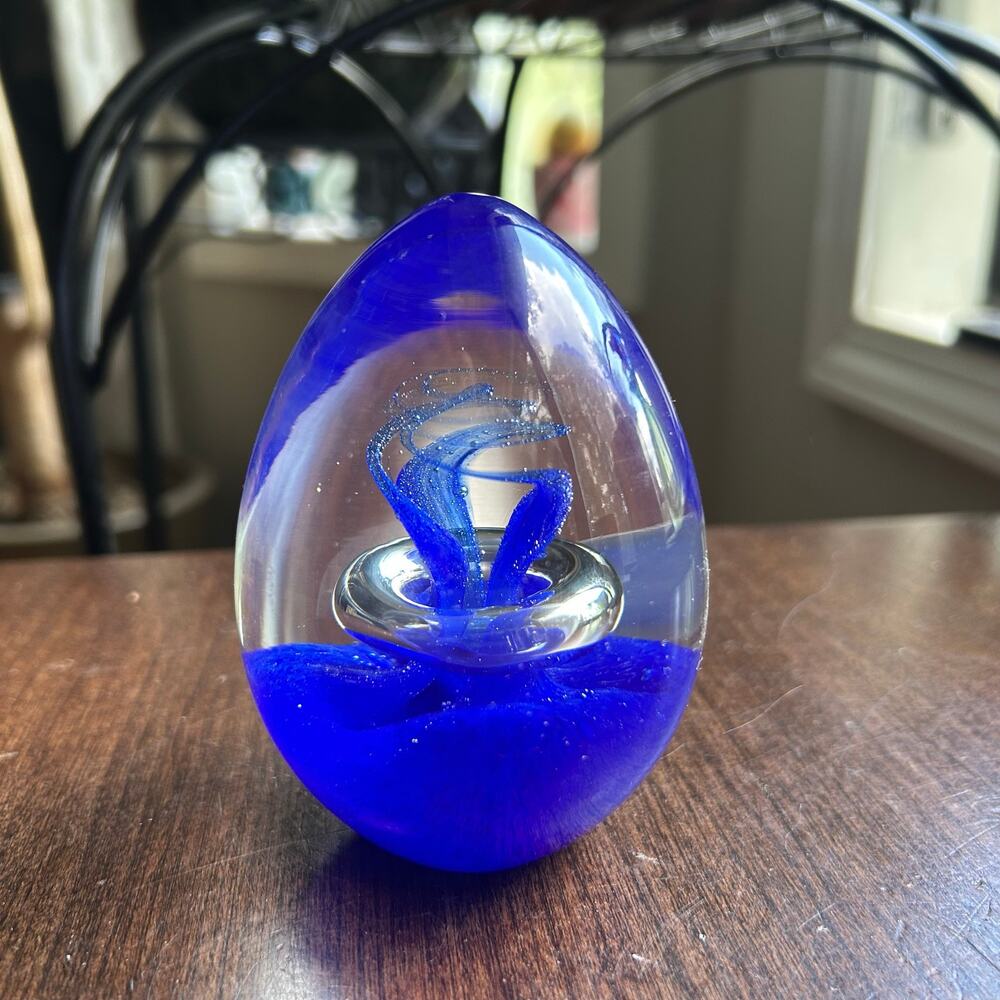 handmade Artcristal Bohemia glass paperweight egg shape with a blue swirl