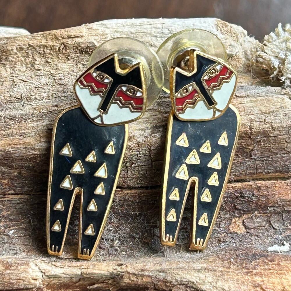 Laurel Burch Earrings MARA CAT Cloisonne Stud Vintage 1980s Black Red gold