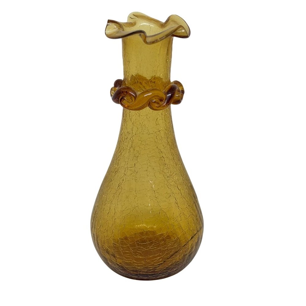Vintage‎ MCM Amber Blown Art Glass Crackle Vase Ruffled Neck 7.5" Textured Decor