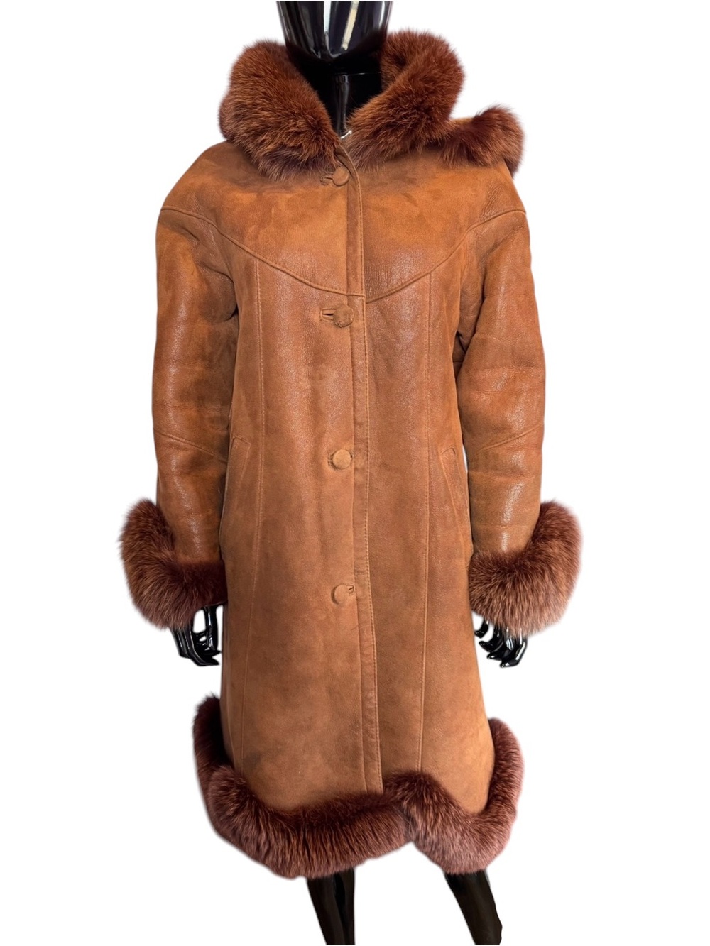 Classic Leder cognac Shearling Coat with fox Fur Trim - Brown