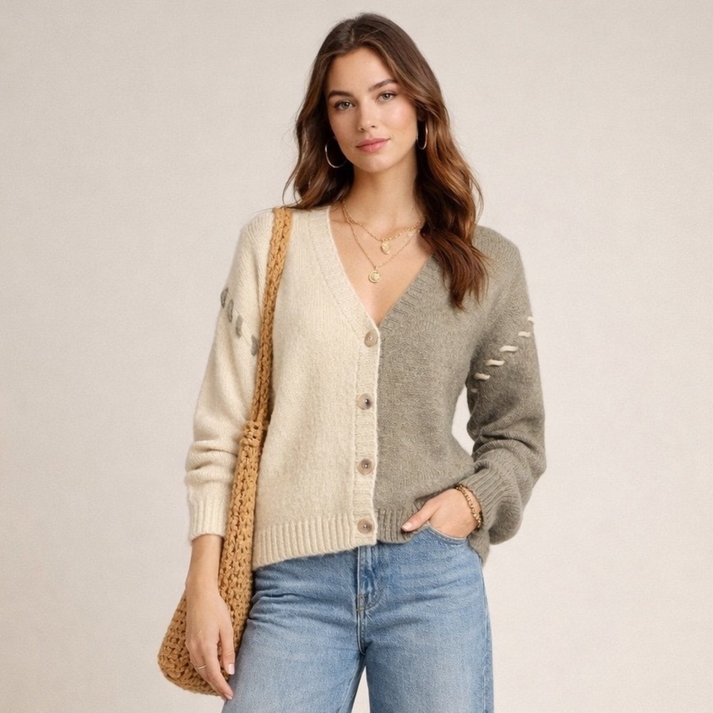 BIBI Color Block Two‎ Tone V Neck Button Up Knit Wool Cardigan Sweater Small