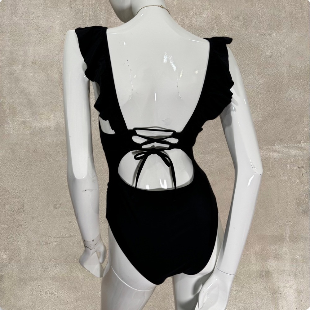 Black Plunge Ruffle One Piece Swimsuit –‎ Lace Up Back Cupshe Small