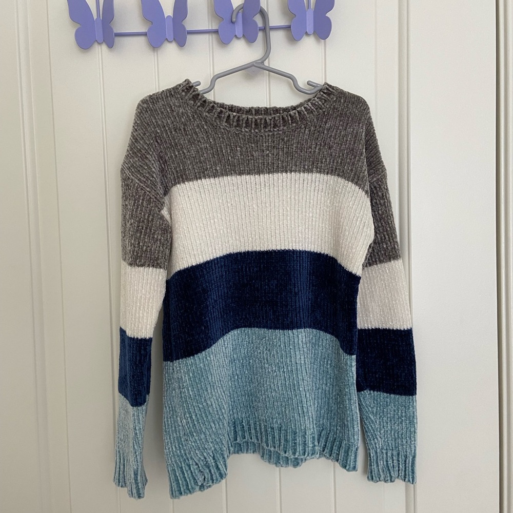 EUC | Poof Girl girl’s‎ striped tricolor soft plush knit sweater crewneck small