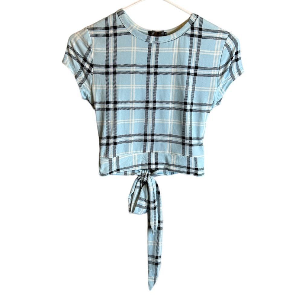 5 for $25🔥Juniors Small Faded Rose Blue Plaid‎ Cropped Tie Back T-Shirt
