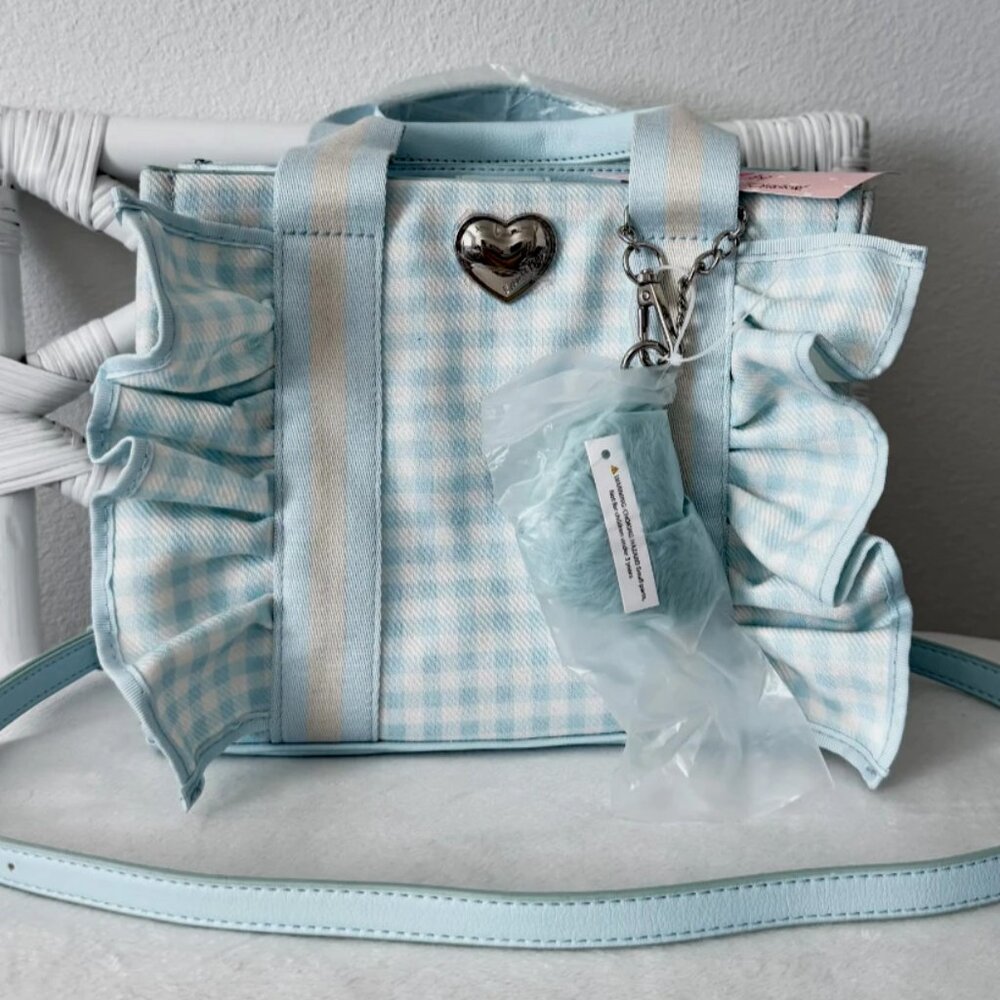 Luv Betsey by Betsey Johnson Light Blue Gingham Ruffle Satchel Bag NWT