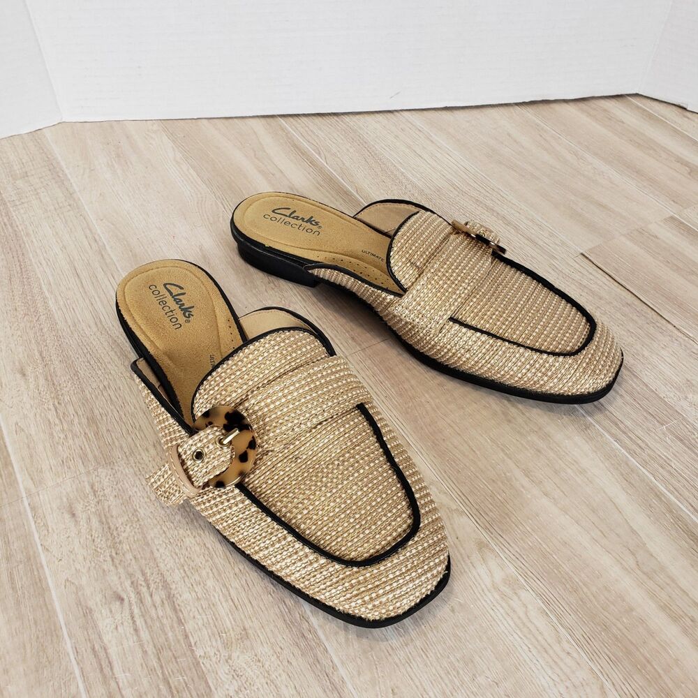 Clarks Womens Lyrical Shine Tan Mules Size 8