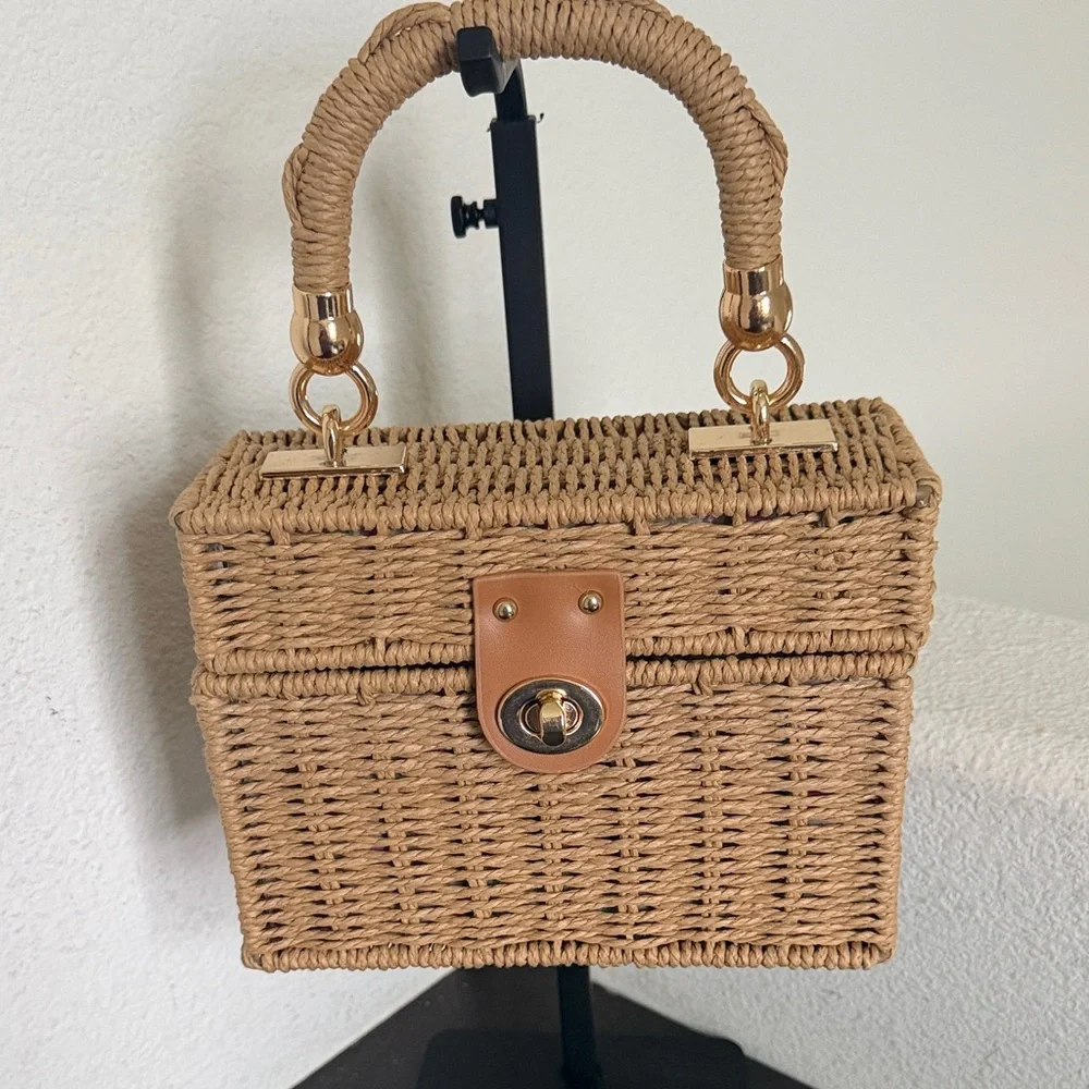 Urban Expressions Woven Mini Top-Handle Bag in Natural Tan with Gold Hardware. - Picture 1 of 11